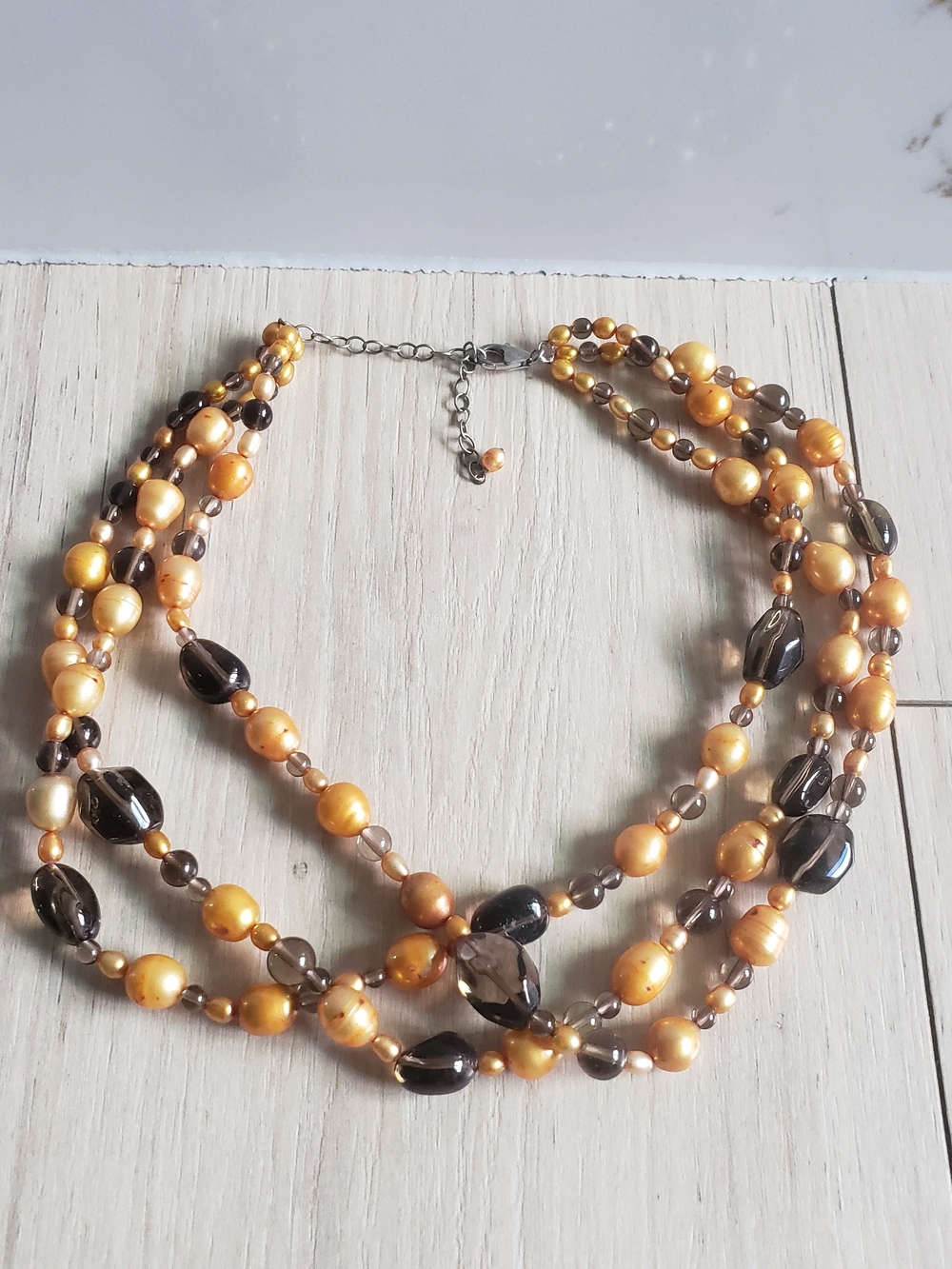 Ross-Simons Sterling Silver Golden Pearl and Smoky Quartz 3-Strand Choker Neckla